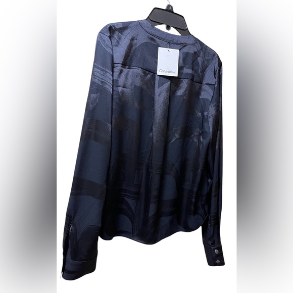 CAlVIN KLEIN JACQUARD BLACK BLOUSE PLEATED V-NECK WOMEN ASYMMETRICAL PRINT SMALL - Picture 6 of 10